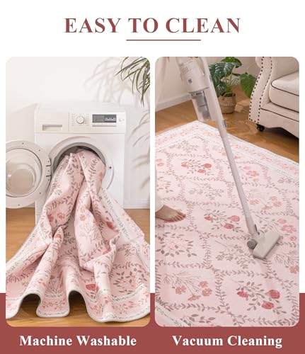 6' x 9' Pink Floral Area Rug - Washable Non-Slip Boho Carpet for Bedroom & Living Room