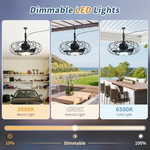 Outdoor Ceiling Fan with Light and Remote - 20-inch Waterproof Gazebo Fan, Dimmable 3-Color, 6 Speed, Black