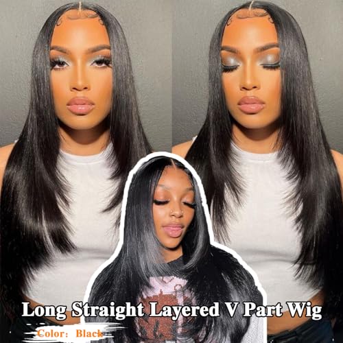 24 Inch Black V Part Wig for Black Women Natural Straight Clip-In Glueless Synthetic Hair