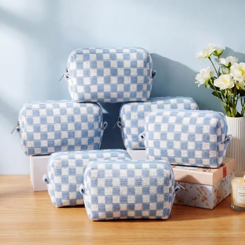8 Pcs Checkered Makeup Bags Set - Small Cosmetic Pouch for Travel and Storage, Blue