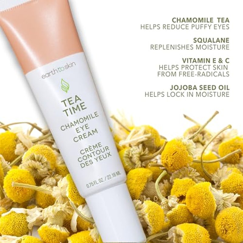 Earth To Skin Tea Time Chamomile Under Eye Cream for Puffiness - Hydrating Eye Bags Treatment with Vitamin C and Vitamin E, Jojoba Oil and Squalane to Smooth and Refresh Delicate Eye Area - 0.75 fl oz