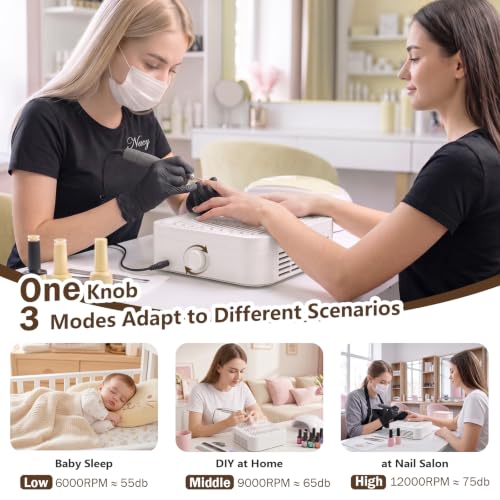 Nail Dust Collector for Acrylic - White, 12000RPM Quiet Suction & 3 Speed Modes