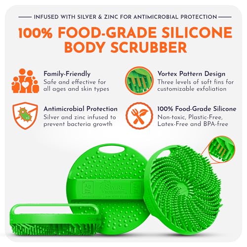 Antimicrobial Silicone Body Scrubber - Green - Shower Hanger & Deep Exfoliation