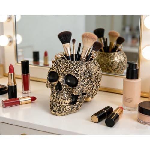 Skull Bowl Decorative Skull Vase Makeup Brush Pen Holder Organizer Dresser Gothic Table Organizer Decoration, Antique Gold Skull Pot Enthusiasts Gifts