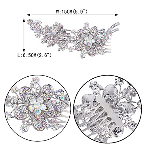 Iridescent Clear AB Flower Leaf Bowknot Hair Comb - Silver-Tone, 6 Inch