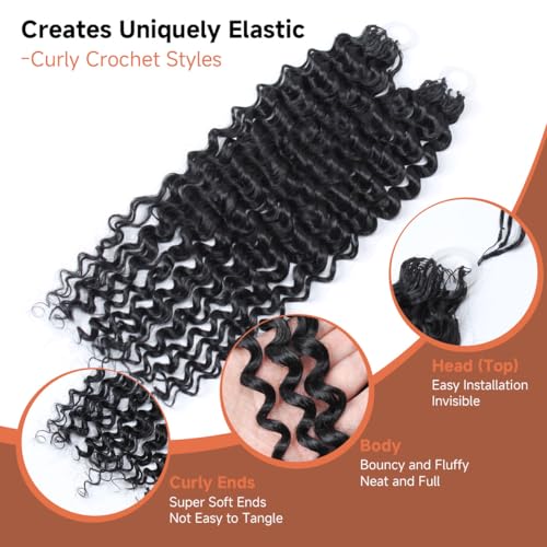 Lounoke Deep Wave Feather Crochet Hair 12in 1B Human Hair Blend, Natural Look