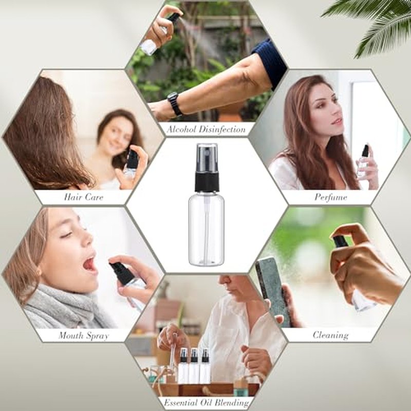 100 Pcs Mini Clear Spray Bottles 1 oz Plastic Empty Travel Bottle Fine Mist Small Spray Containers with 5 Pcs Funnels Refillable Liquid Travel Containers for Perfume Skin Toner Essential Oils