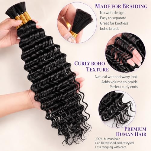 Deep Wave Human Braiding Hair for Boho Braids - 20 Inch Natural Black 100g