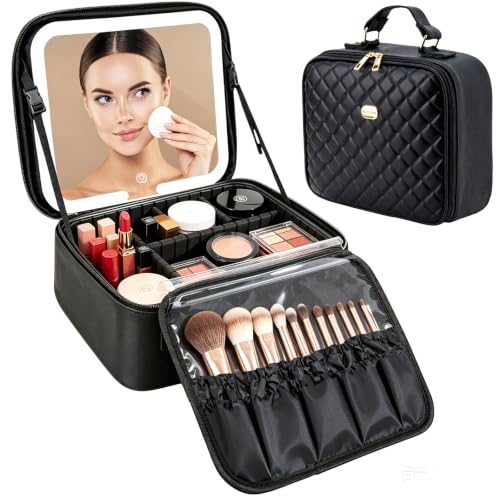 Travel Makeup Bag with LED Mirror, Adjustable Dividers & Brush Storage
