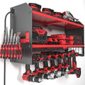 YYR Power Tool Organizer with Charging Station—Wall Mount, Surge Protected Power Strip, Red Shelf