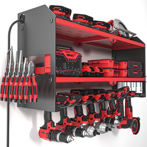 YYR Power Tool Organizer with Charging Station—Wall Mount, Surge Protected Power Strip, Red Shelf