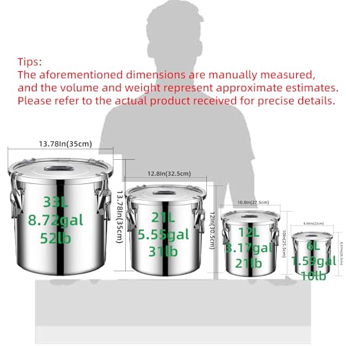 304 Stainless Steel Food Storage Container 5.55 Gal - Airtight Lids & Lock Clips