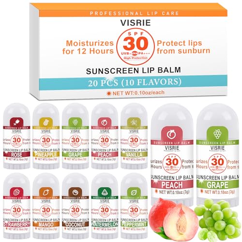SPF 30 Sunscreen Lip Balm, SPF Lip Balm Bulk 20 Count, Broad Spectrum UVA/UVB Lip Sunscreen with Vitamin E and Coconut Oil- 10 Flavors