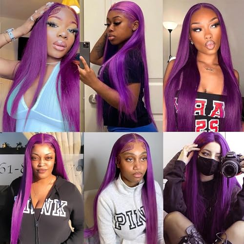 Lezaxiu Dark Purple Lace Front Wigs Long Straight Glueless Synthetic Heat-Resistant for Black Women - Pre Plucked, Ready to Wear, Natural Hairline, Variation #ADark Purple