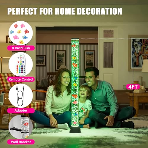 Large 4FT Sensory Bubble Tube Fish Lamp with Remote, 16 Colors & 8 Floating Fishes