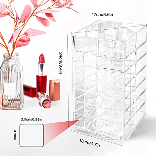 Acrylic Lipstick Tower Holder, 360 Degree Rotating Makeup Cosmetic Lipsticks Organizer with 53 Slots, Spinning Lipgloss Storage Display Stand Holder