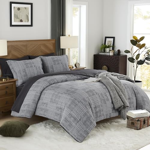 MaiRêve Oversized Queen Comforter Set with Charcoal Grey Crinkle Texture - 7 Pieces