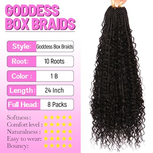 Goddess Boho Box Braids Crochet Hair - 8 Packs, 24 Inch, Color 1B# - Handmade Synthetic for Black Women