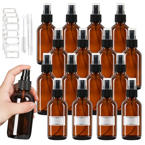 120ml Glass Spray Bottles with Fine Mist Sprayer 16Pack, Small Amber Glass Spray Bottles 4 oz for Perfumes,Cleaning Products,Pet Spray (4fl.oz, Set of 16)
