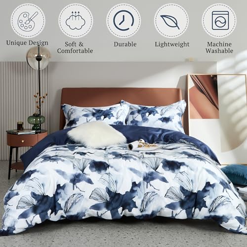 Navy Blue Queen Duvet Cover Set 3 Pieces Floral Spring Pattern Zipper & Ties