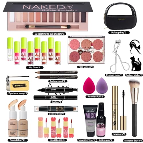 All-in-One Makeup Kit for Women & Teens - Eyeshadow, Foundation, Lipsticks, Eyeliner & Mascara - Gift Set for Beginners