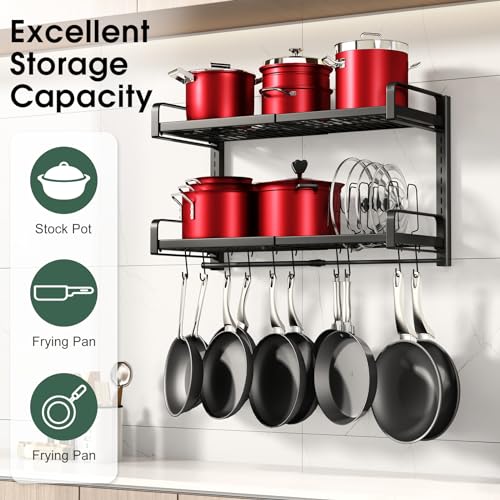 19-30 Inch Expandable Wall Mount Pot Rack with 2 Tiers, 10 Hooks & Lid Holders