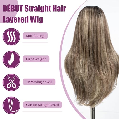 Ombre Brown Highlight Light Blonde Layered Wigs with Curtain Bangs - 26 Inch Synthetic Lace Front Wig for Women