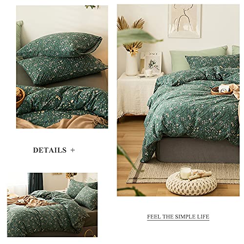 Queen Green Floral Jersey Knit Cotton Duvet Cover Set - Vintage Botanical Bedding