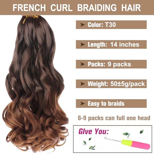 Pre Stretched French Curl Braiding Hair 14 Inch T30# - 9 Packs for Box Braids & Crochet Styles