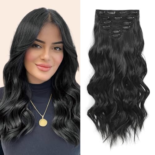 Natural Black 16 Inch Clip-In Hair Extensions Set - 6 Pieces, 220g