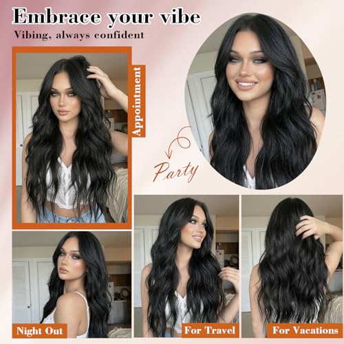 Natural Black 26 Inch Wavy Synthetic Clip-In Hair Extensions - 4PCS