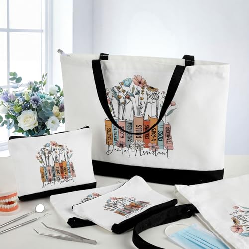 Hillban 5 Sets/10 Sets Dental Assistant Gifts Bulk Canvas Reusable Grocery Tote Bags Cosmetic Bags with Zipper for Women(10 Sets)