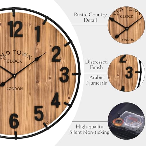 Large Rustic Farmhouse Wall Clock - 30 Inch Antique Wood & Metal Brown Variation