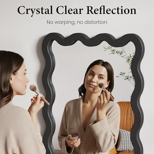 Matte Black Wavy Bathroom Wall Mirror 24x36 Solid Wood Frame - Vertical or Horizontal Mount