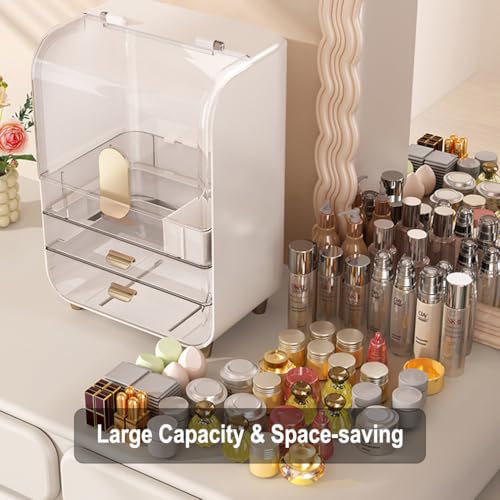 Makeup Organizer for Vanity, Large Capacity Cosmetic Organizer Trendy Stuff, Clear Cosmetic Display Case with Flip-top Lid and 2-Tier Drawer for Bathroom Countertop, Bedroom Dresser (White)