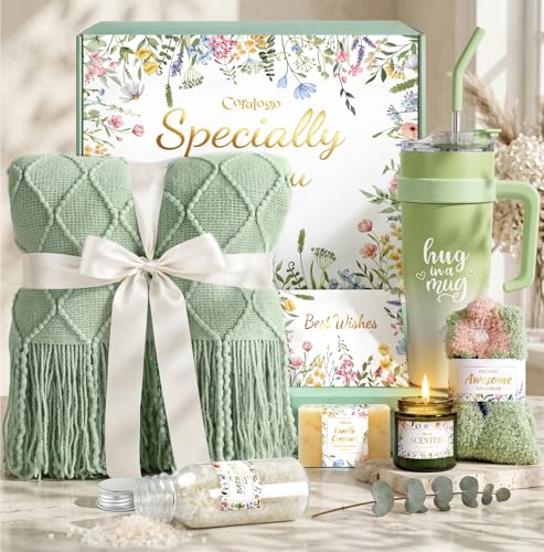 Self Care Gift Basket for Women - Green Blanket & 40oz Tumbler - Spa & Relaxation Gift Set
