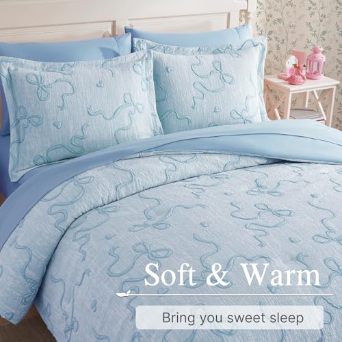 Light Blue Queen Comforter Set with Bow Tufted Design, 7 Pieces - Girls Bedding