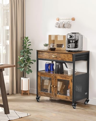Farmhouse Coffee Bar Cabinet with Wheels & Mesh Doors - Rustic Kitchen Storage