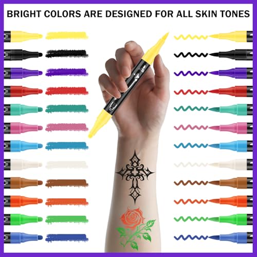 Ponhey Temporary Tattoo Markers for Skin, 12 Body Markers+67 Large Tattoo Stencils,Dual-End Tattoo Pens,Fine Lines with Cosmetic-Grade,Flexible, Skin-Safe Face Paint Kit for Teenage Adults