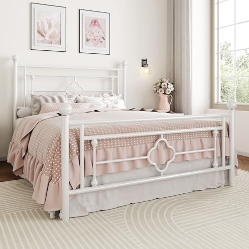 White Full Size Metal Platform Bed Frame with Headboard and Footboard - Noise-Free, Easy Assembly
