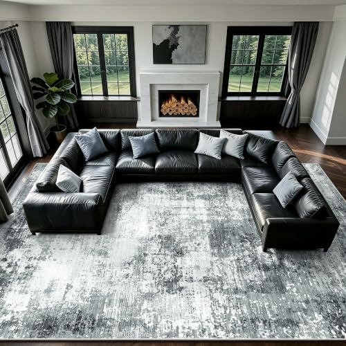 Large Grey Washable Rug - Modern Abstract Non-Slip Floor Carpet for Living Room Bedroom