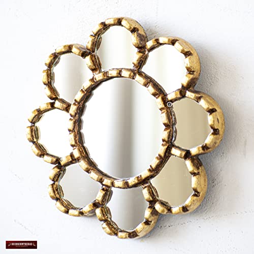 Small Round Wall Mirror 6in with Frame Bronze Leaf from Peru - Artisan Mirror - Exclusive Handmade Gift