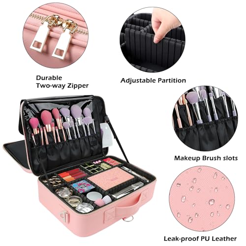 Large Pink Travel Makeup Case Organizer with Adjustable Dividers & Shoulder Strap