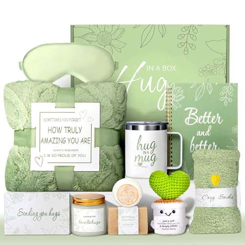 Green Get Well Soon Gift Basket for Women with Flannel Blanket - Self Care Package