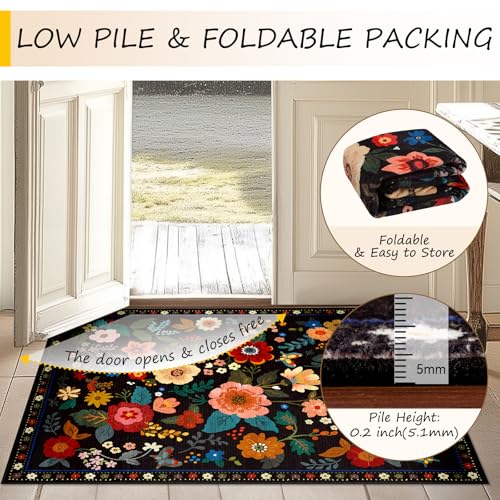 Floral Washable Area Rug 8x10 Black - Non-Slip, Pet-Friendly, Machine Washable