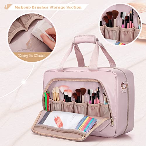 Professional Makeup Artist Travel Case with 4 Detachable Cosmetic Bags, Large Make up Organizer Bag with Makeup Kit Storage Section and Hair Tools Pocket, Pink (Empty Bag Only)