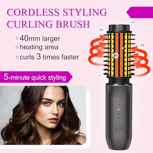 Dongxw Mini Cordless Curling Iron Brush - Blush Rose, 3-in-1 Travel Hair Styler