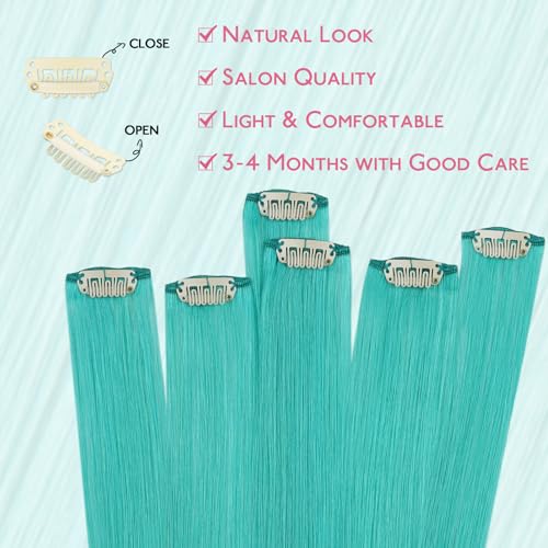 Colorful Clip-In Hair Extensions - Teal Green 16 Inch Human Hair, 6 Pieces