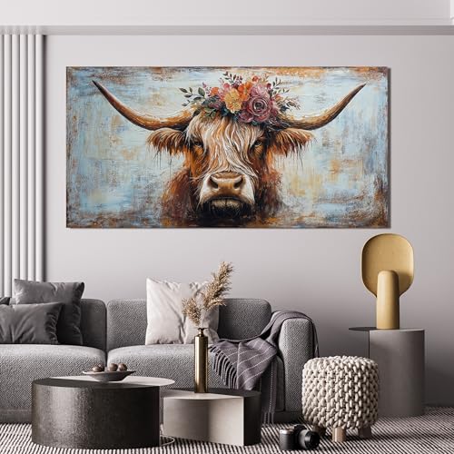 Highland Cow Canvas Wall Art Large 48x24 Inches - Rustic Living Room Decor - JYQ-N Variation