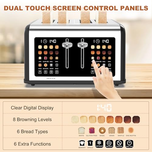 Black 4-Slice Touch Screen Toaster with Dual Control, 8 Shade Settings, 6 Bread Types